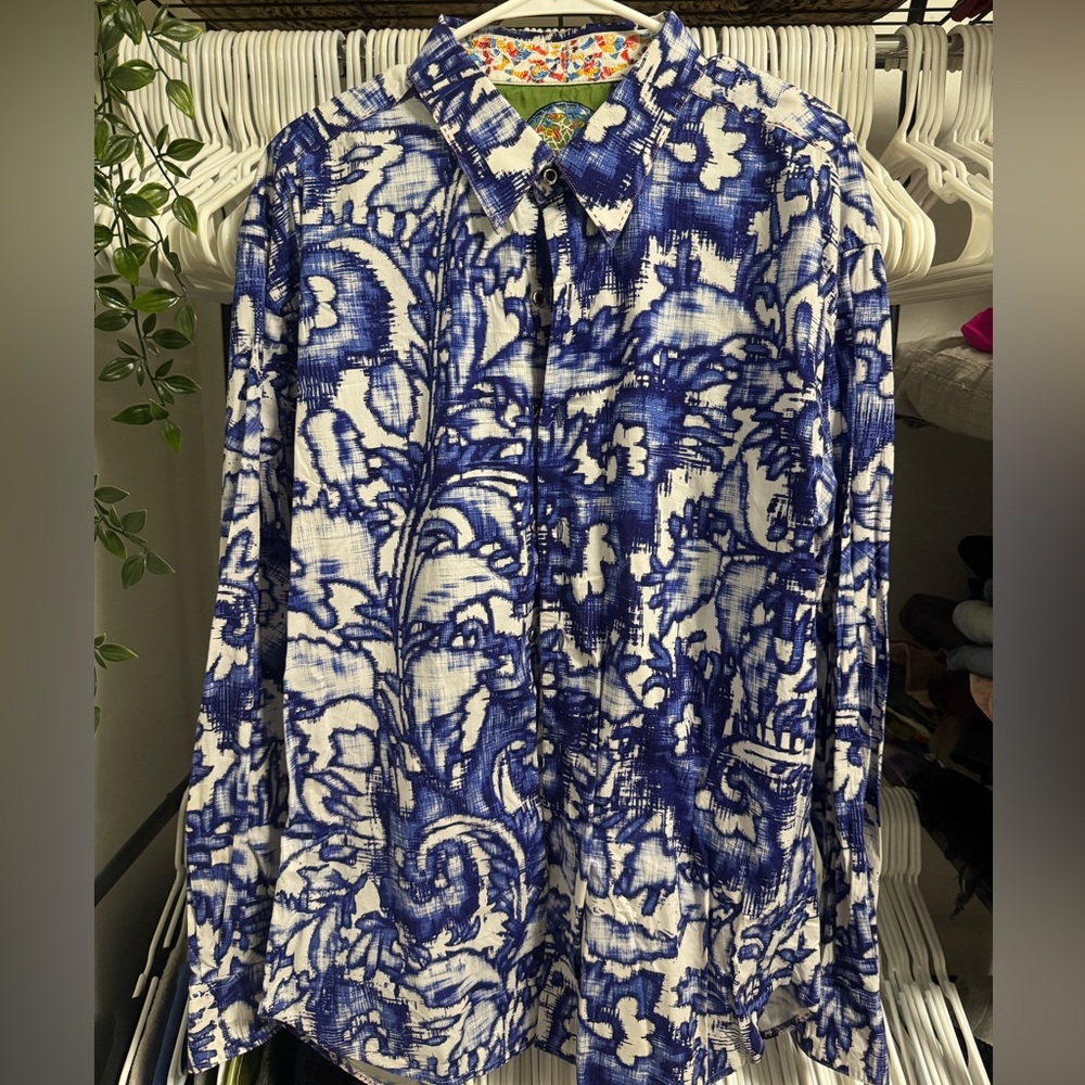 $398 Robert Graham Blue and White Floral Men's Shirt
